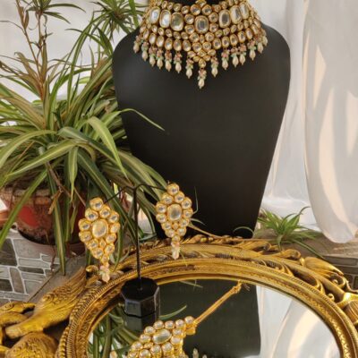 Gold Plated Polki Choker Necklace With Earrings & maangtikka