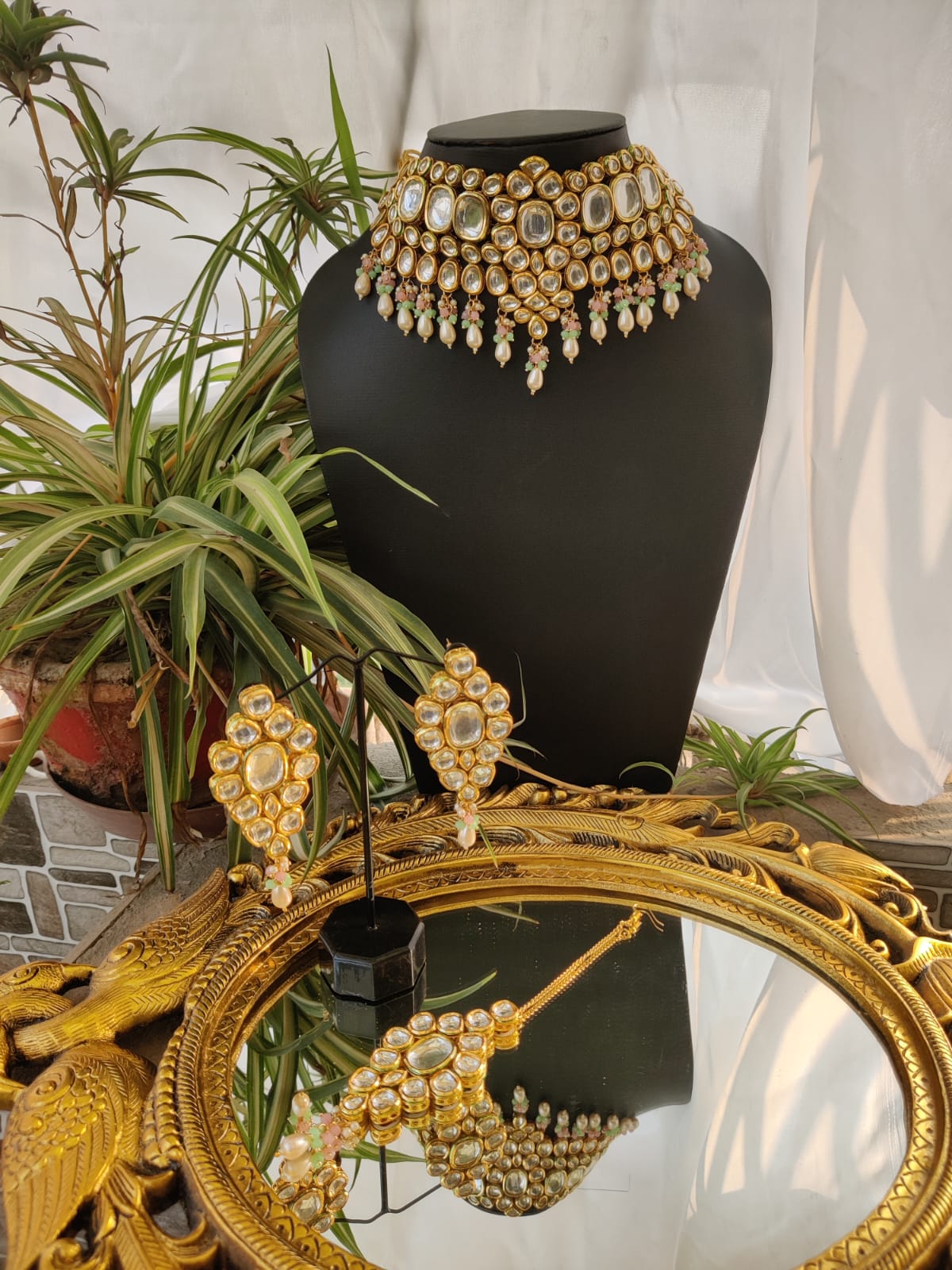 Gold Plated Polki Choker Necklace With Earrings & maangtikka