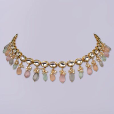 Gold Finish Kundan Polki & Pearl Choker Necklace