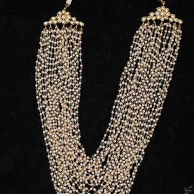 Gold Finish Kundan Polki & Pearl Layered Long Necklace