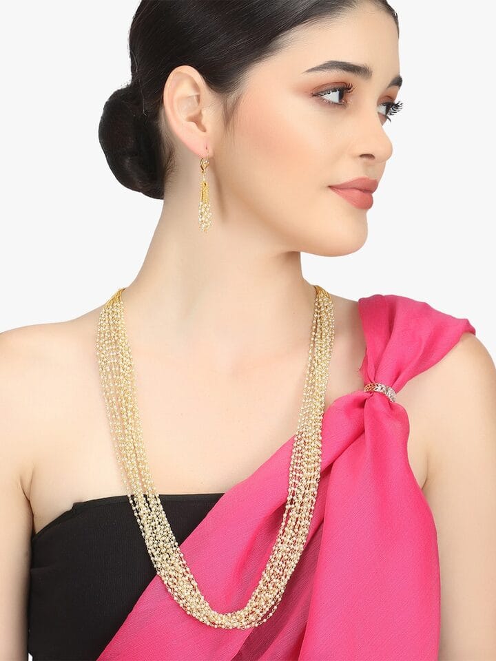 Gold Plated Antique White Pearls Flower Shaped Jewellery Set - Image 2