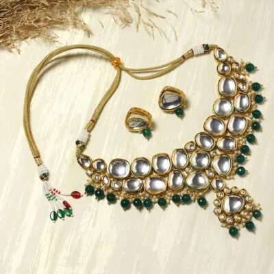 Gold-Plated Kundan-Studded Beaded Necklace & Earrings Set