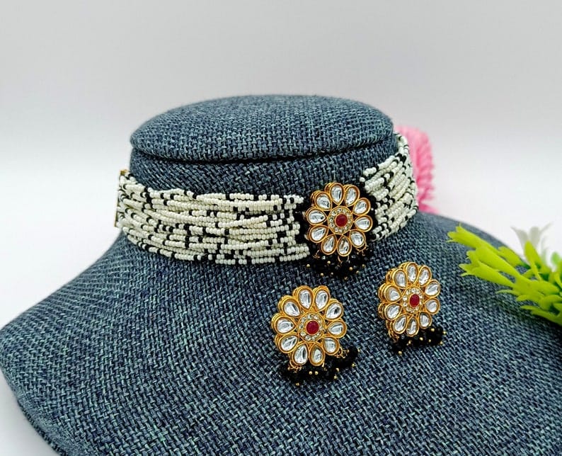 22kt Gold Plated Multi Gemstone Necklace Set -Adjustable Polki Diamond Necklace - Image 8