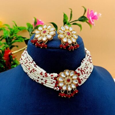 22kt Gold Plated Multi Gemstone Necklace Set -Adjustable Polki Diamond Necklace