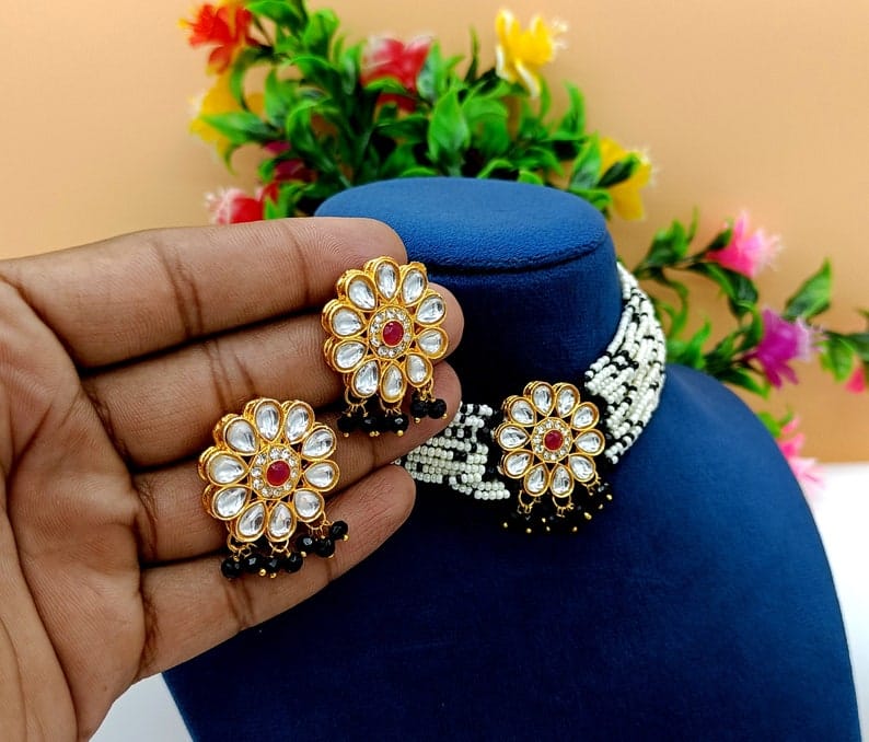 22kt Gold Plated Multi Gemstone Necklace Set -Adjustable Polki Diamond Necklace - Image 10