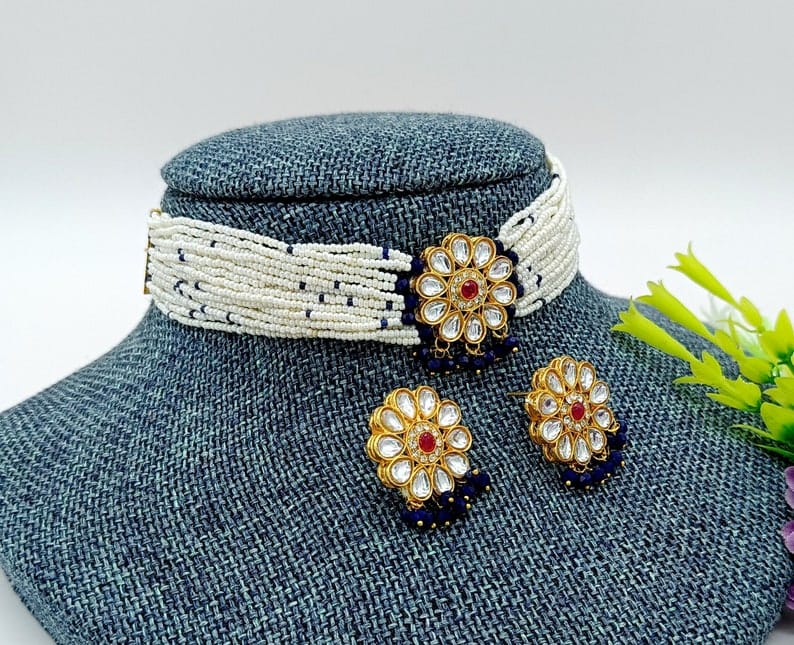 22kt Gold Plated Multi Gemstone Necklace Set -Adjustable Polki Diamond Necklace - Image 11