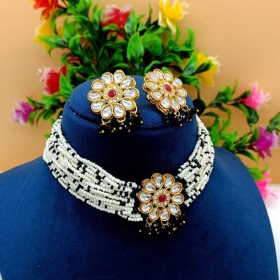 22kt Gold Plated Multi Gemstone Necklace Set -Adjustable Polki Diamond Necklace