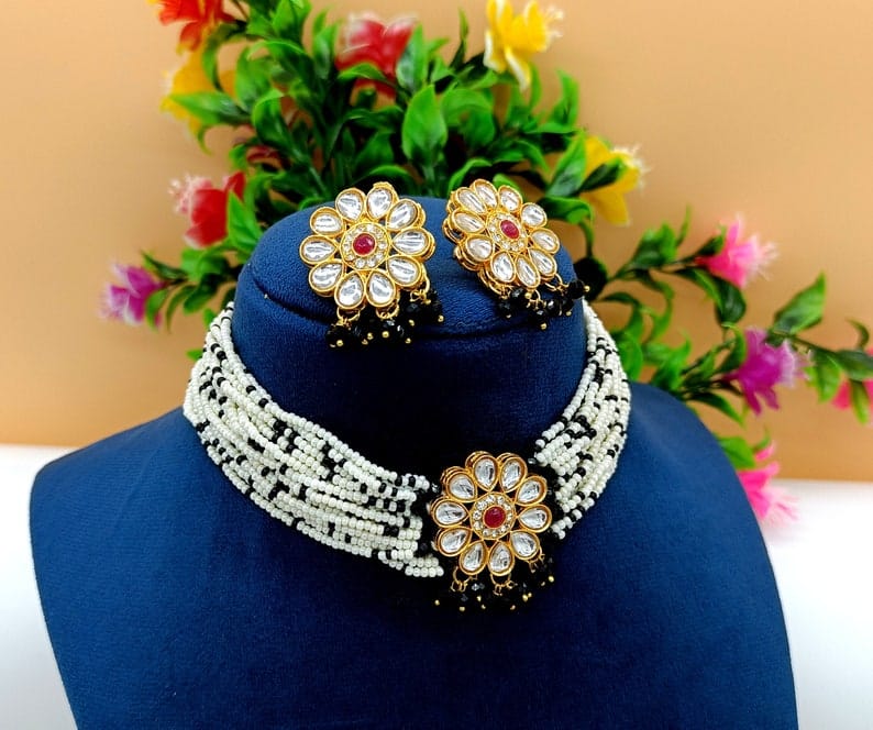 22kt Gold Plated Multi Gemstone Necklace Set -Adjustable Polki Diamond Necklace