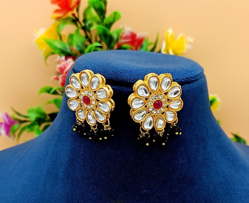 22kt Gold Plated Multi Gemstone Necklace Set -Adjustable Polki Diamond Necklace - Image 12