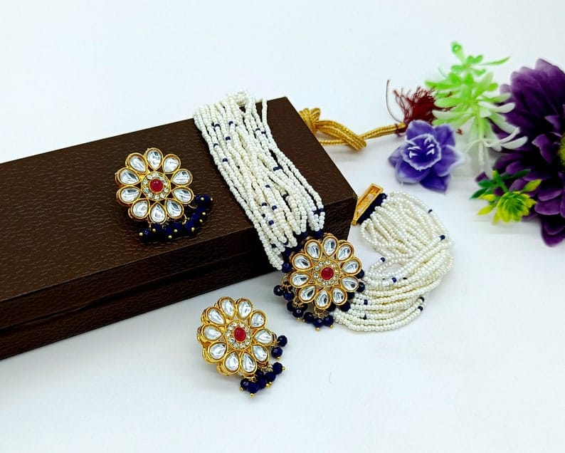 22kt Gold Plated Multi Gemstone Necklace Set -Adjustable Polki Diamond Necklace - Image 2