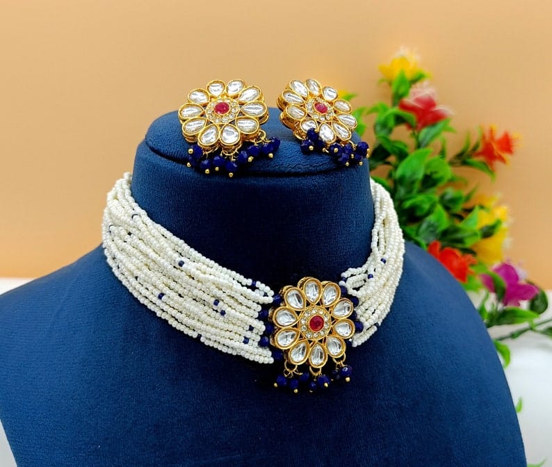 22kt Gold Plated Multi Gemstone Necklace Set -Adjustable Polki Diamond Necklace - Image 3