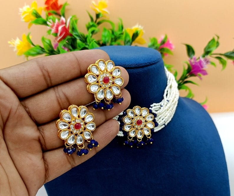 22kt Gold Plated Multi Gemstone Necklace Set -Adjustable Polki Diamond Necklace - Image 6