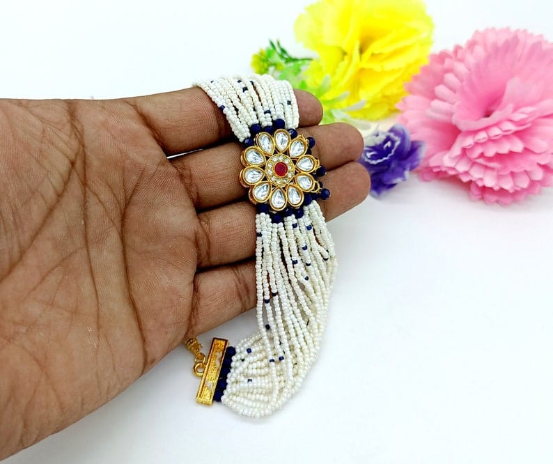 22kt Gold Plated Multi Gemstone Necklace Set -Adjustable Polki Diamond Necklace - Image 4