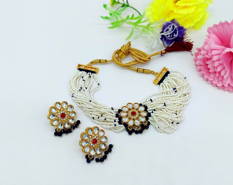 22kt Gold Plated Multi Gemstone Necklace Set -Adjustable Polki Diamond Necklace - Image 5