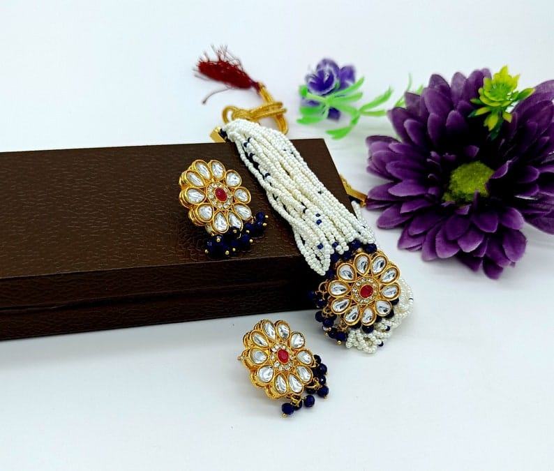 22kt Gold Plated Multi Gemstone Necklace Set -Adjustable Polki Diamond Necklace - Image 7