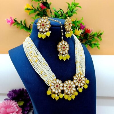 22kt Gold Plated Multi Gemstone Necklace Set -Adjustable Polki Diamond Necklace -Pearl Necklace W/Earrings-Trendy Traditional Indian Wedding