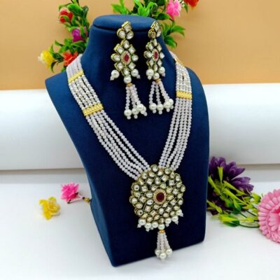 Rosy Pink Kundan Long Necklace Set