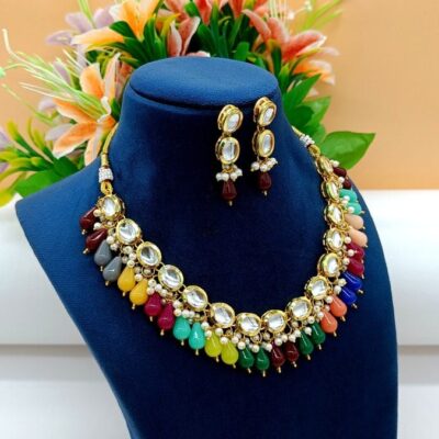 22kt Gold Plated Multi Gemstone Necklace Set -Adjustable Polki Diamond Necklace -Pearl Necklace w/Earrings-Trendy Traditional Indian Wedding