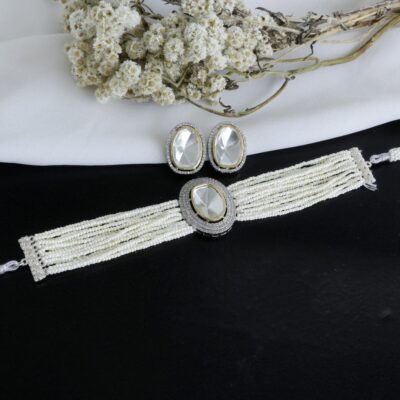 Silver Plated Polki Necklace Set