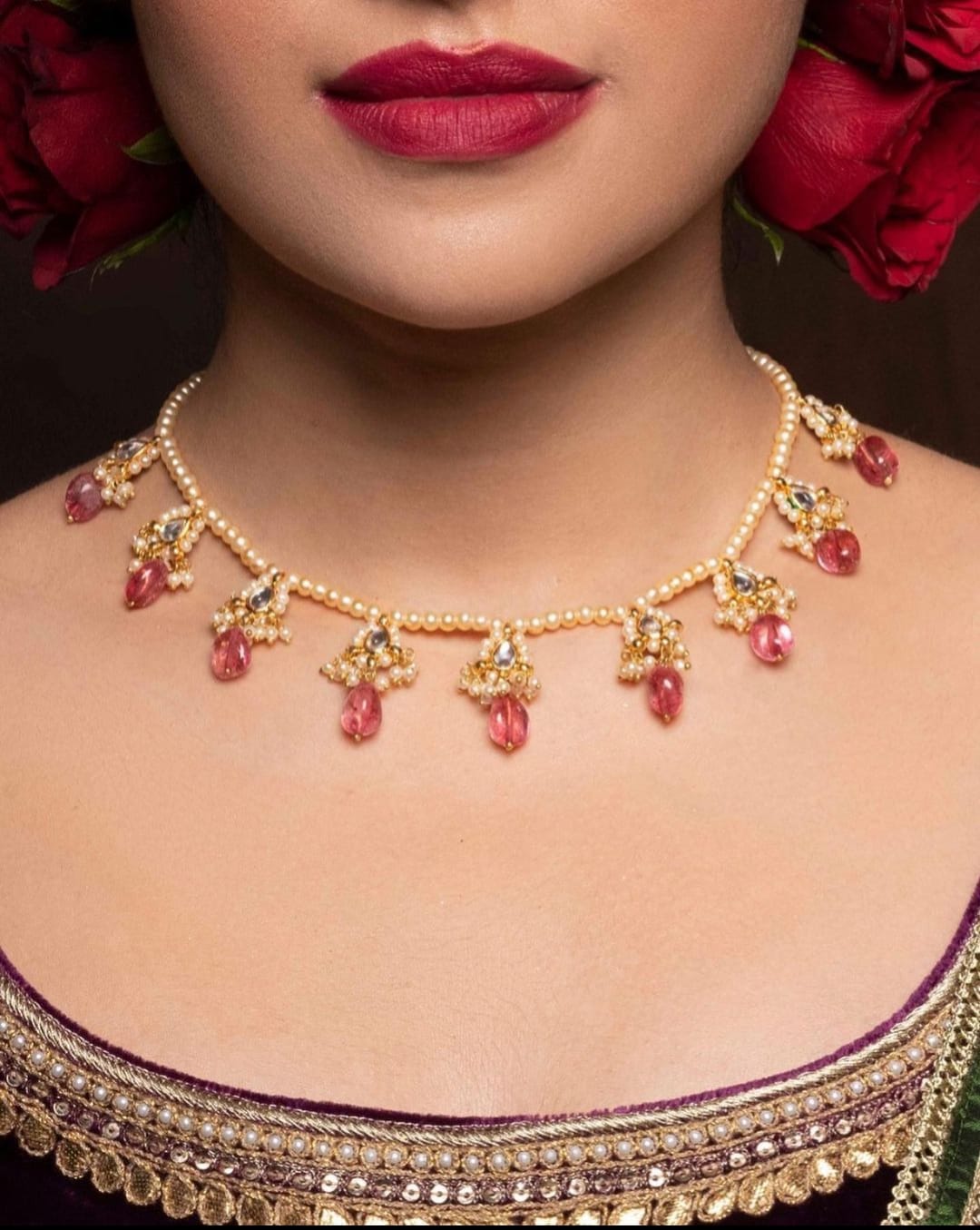 Gold Finish Kundan Polki & Red Stone Choker Necklace Set - Image 3