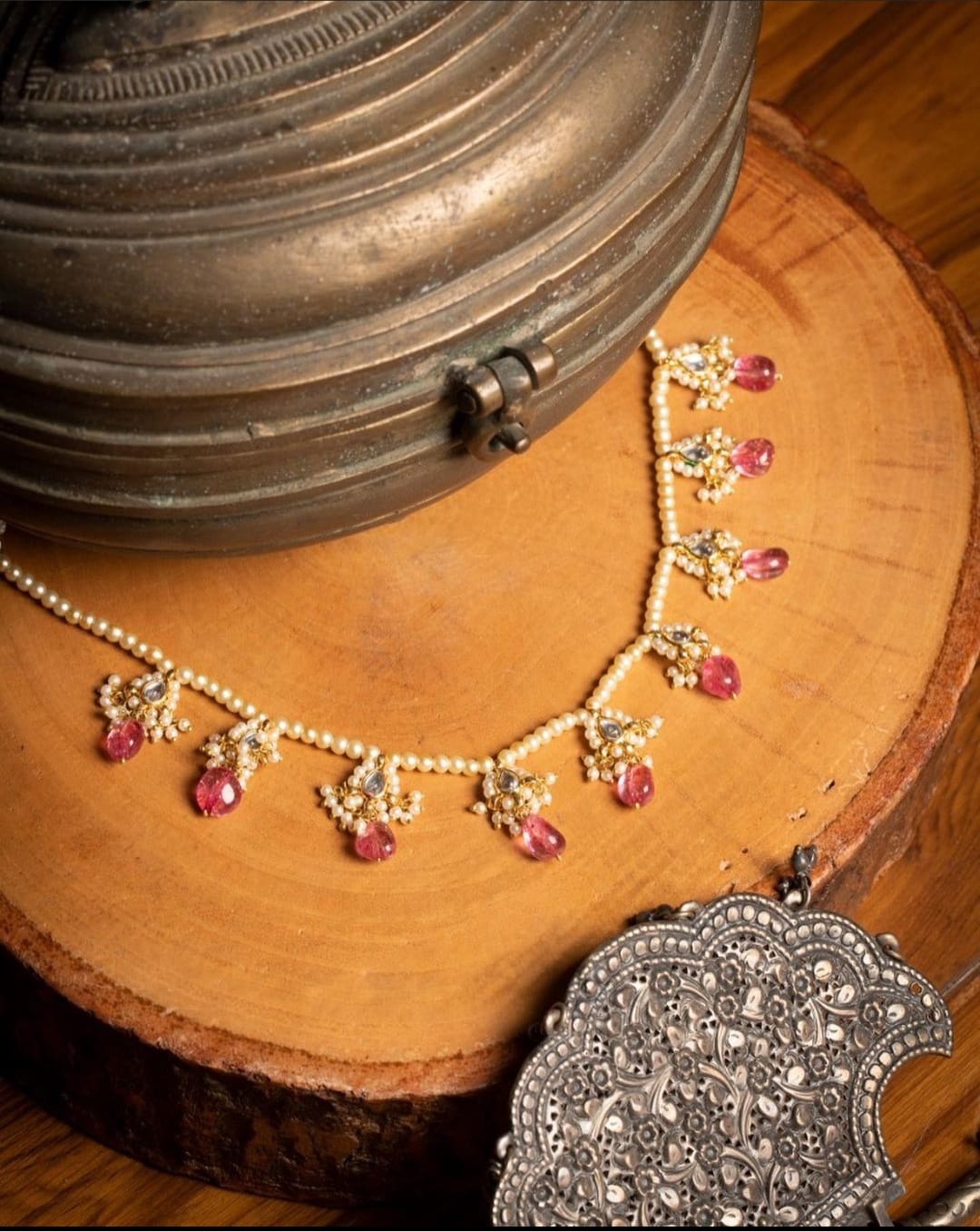 Gold Finish Kundan Polki & Red Stone Choker Necklace Set - Image 2