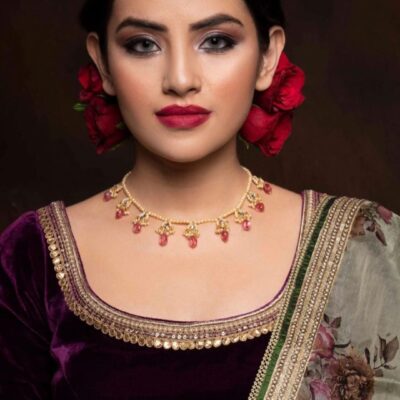 Gold Finish Kundan Polki & Red Stone Choker Necklace Set