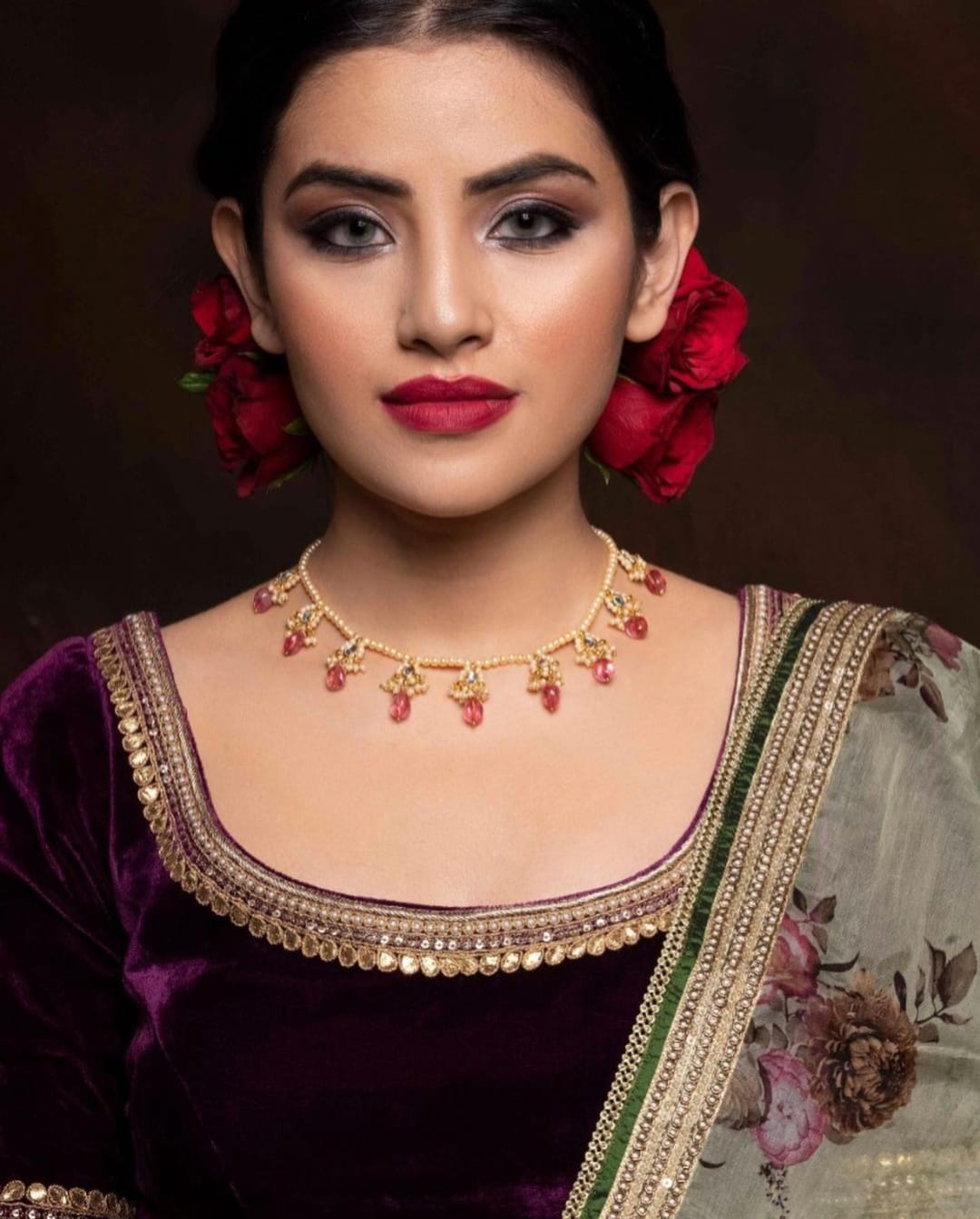 Gold Finish Kundan Polki & Red Stone Choker Necklace Set