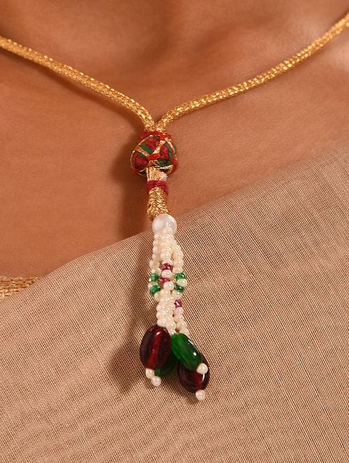 White & Golden Beads Long Necklace Set - Image 4