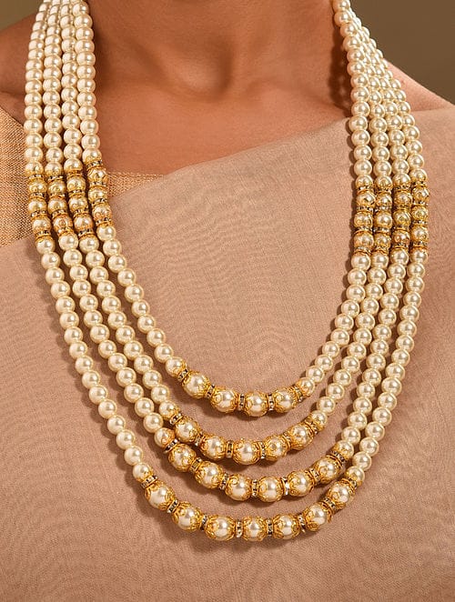 White & Golden Beads Long Necklace Set - Image 2