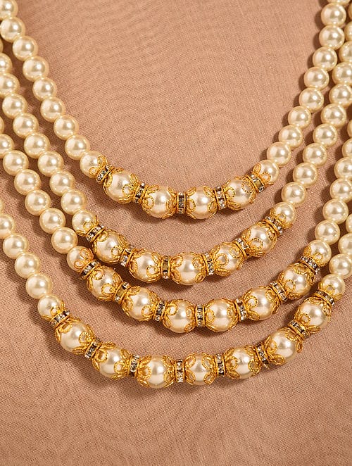 White & Golden Beads Long Necklace Set - Image 3