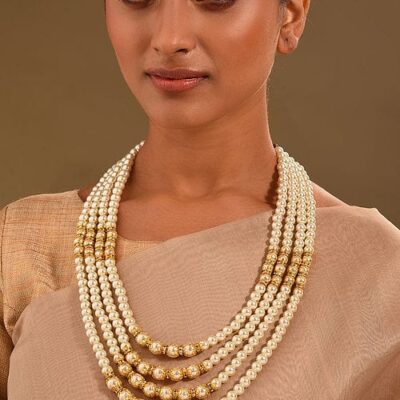 White & Golden Beads Long Necklace Set