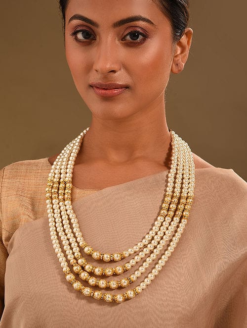 White & Golden Beads Long Necklace Set