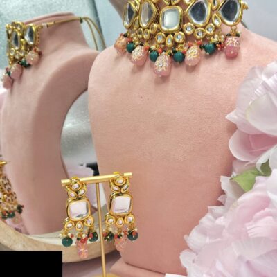 Gold-Plated White Kundan Handcrafted Choker And Earrings