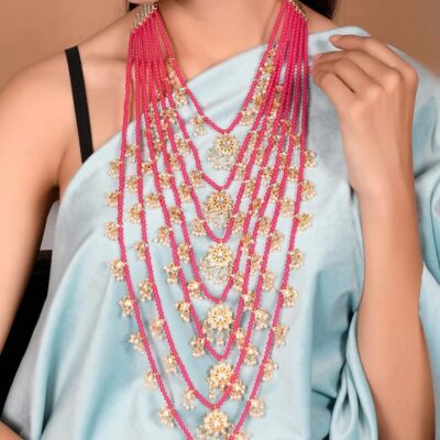 Gold Tone Pink Layered Kundan and Pearls Satlada Long Necklace With Earrings