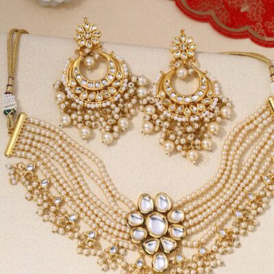 Gold-Plated White Kundan Handcrafted Choker And Earrings