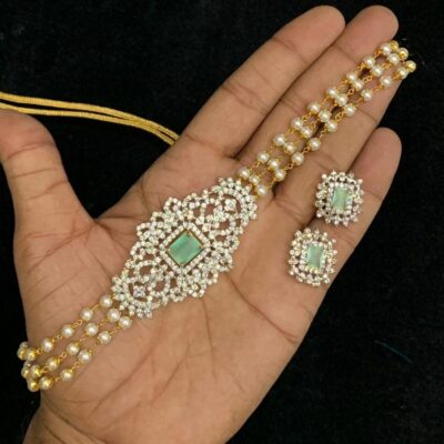 Gold Plated American Diamond Necklace with Earrings