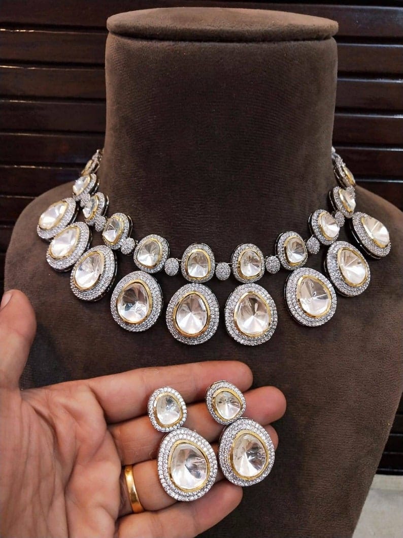 Madhuri Dixit Inspired Victorian Uncut Polki Faux Diamond Necklace set - Image 2