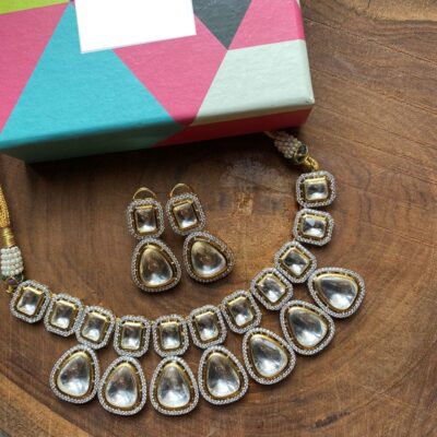 Silver Tone Polki Choker Necklace Set With Earrings