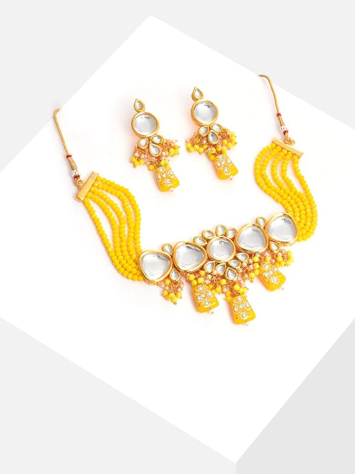 Gold Plated Kundan Beaded Necklace and Earring Set - Image 2