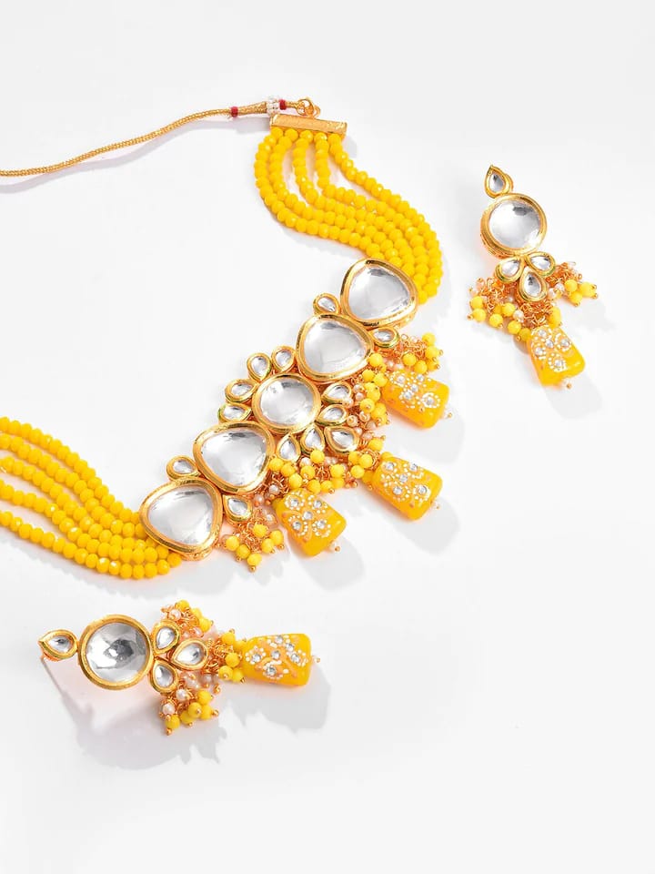 Gold Plated Kundan Beaded Necklace and Earring Set - Image 4