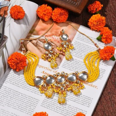 Gold Plated Kundan Beaded Necklace and Earring Set