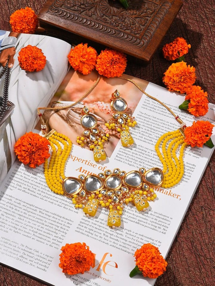 Gold Plated Kundan Beaded Necklace and Earring Set