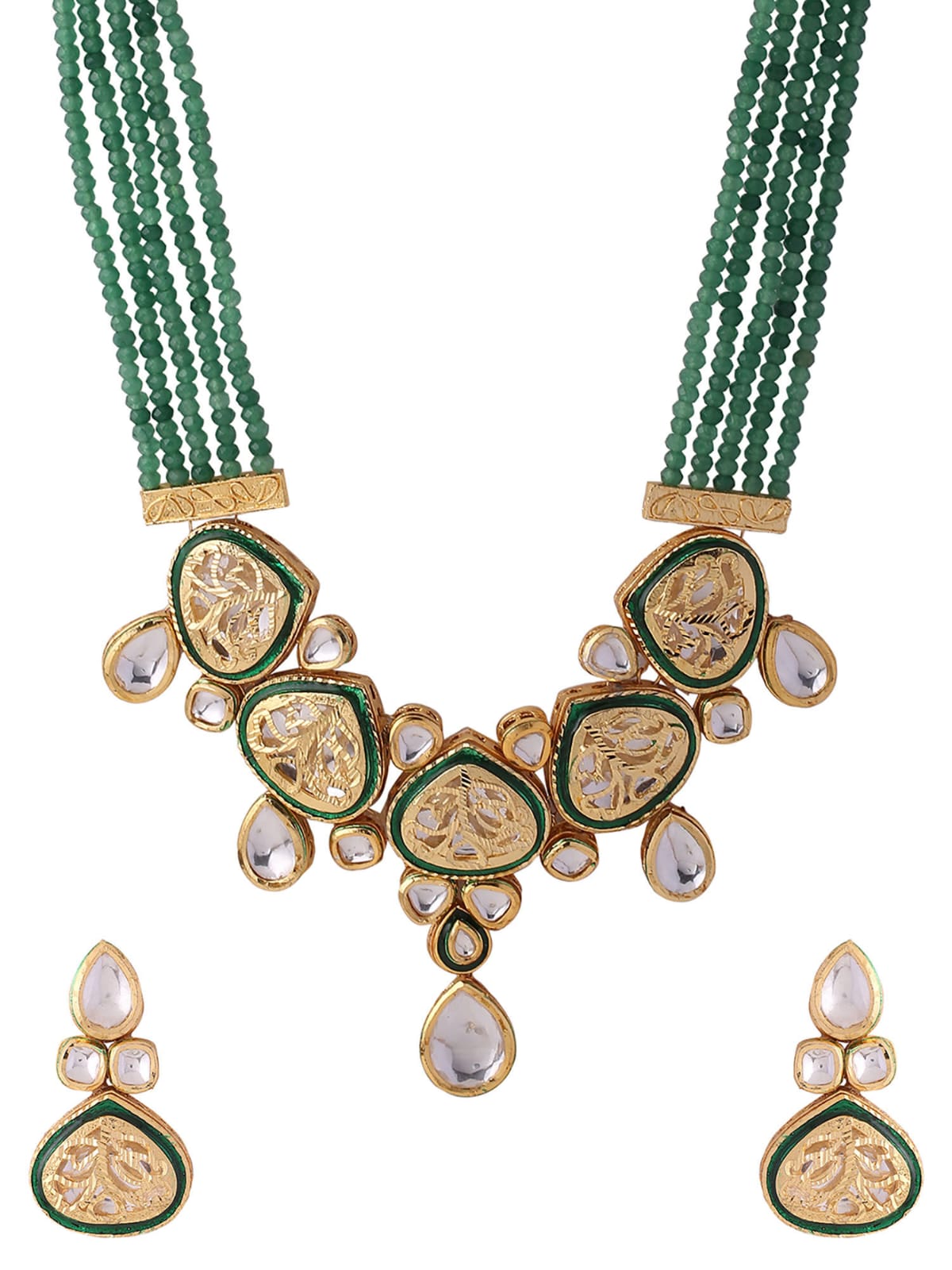Beautiful Meenakari Long Kundan Necklace with Green Beads Se - Image 4