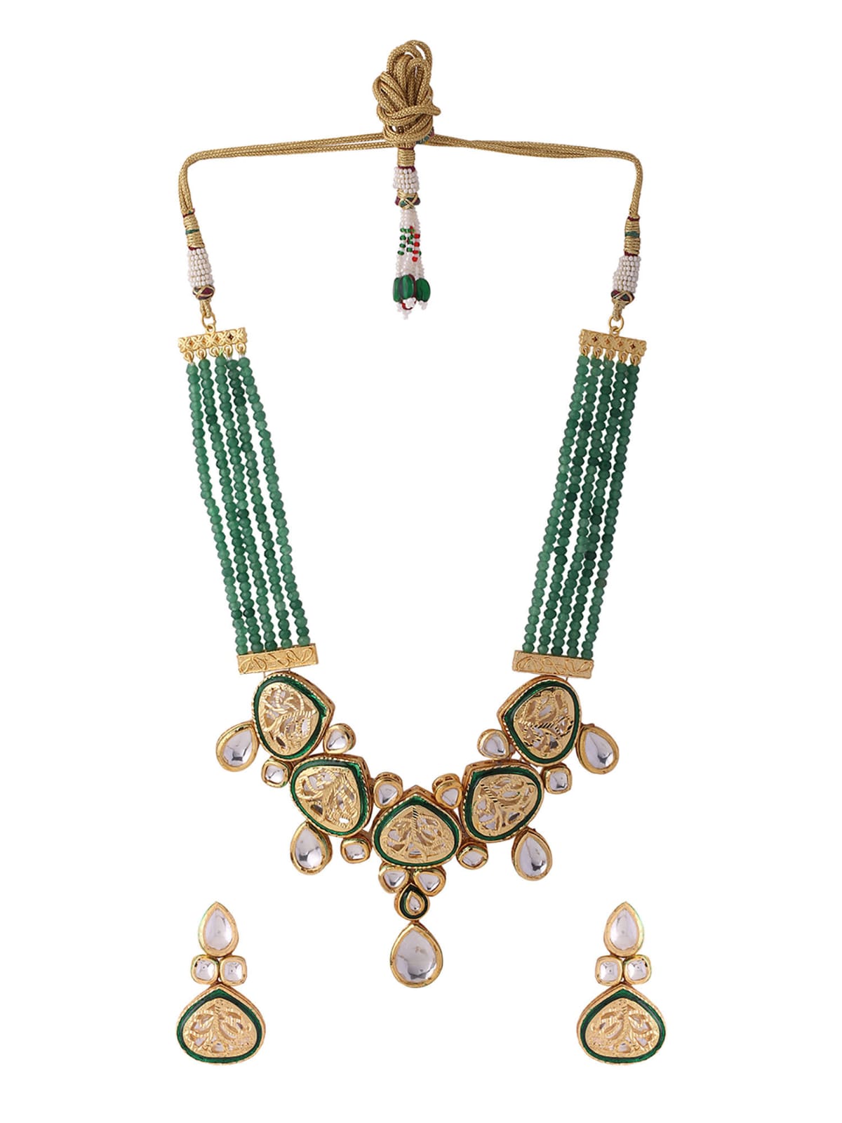 Beautiful Meenakari Long Kundan Necklace with Green Beads Se - Image 3