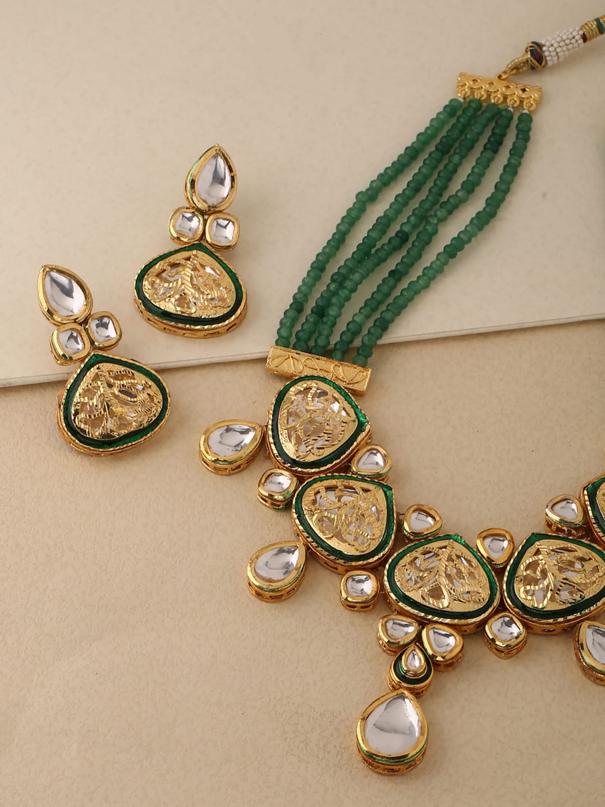Beautiful Meenakari Long Kundan Necklace with Green Beads Se - Image 2