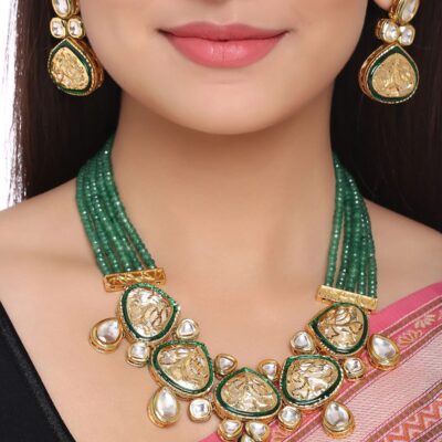 Beautiful Meenakari Long Kundan Necklace with Green Beads Se