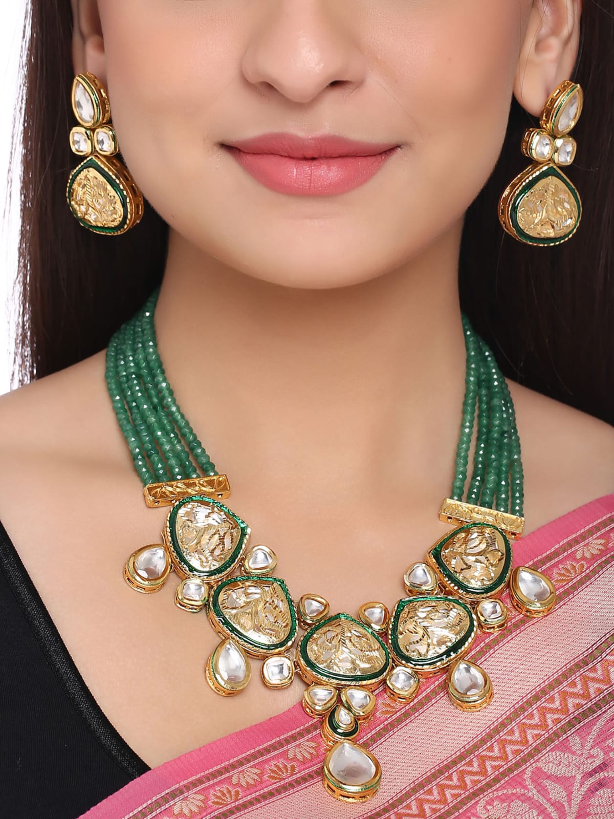 Beautiful Meenakari Long Kundan Necklace with Green Beads Se