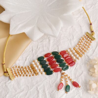 Beaded Layered Necklace Red & Green