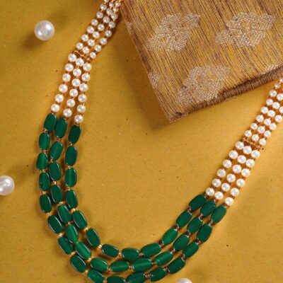 Green Gold-Plated Kundan Layered Long Necklace