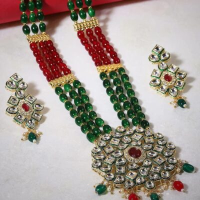Green Red Gold Plated Designer Stone Studded Jewellery